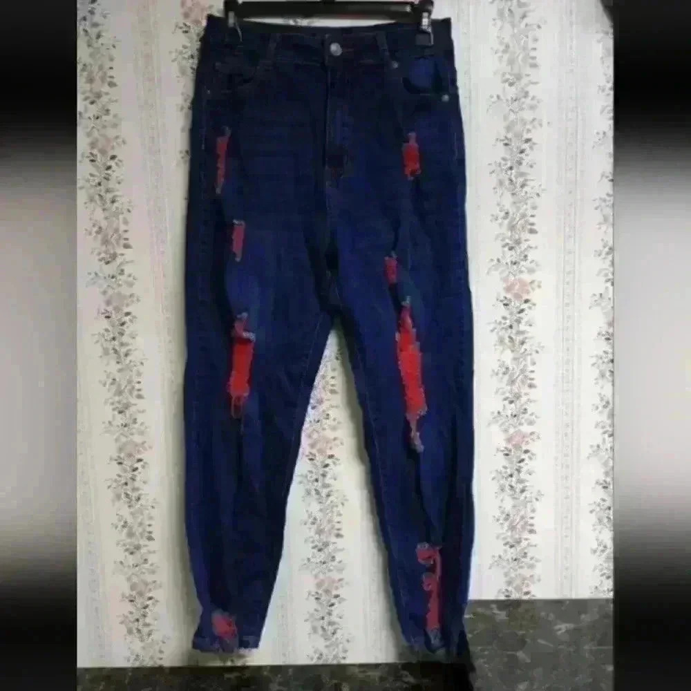 Mom Jean Sz 7 Distressed Stretchy Skinny High Rise Boho Unique Hipster Festival